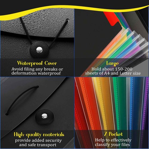 Glenmal 10 Pcs 7 Pocket File Folders File Organizer Expanding Folder with Labels Plastic Expandable Folder Pocket Folder A4 Letter Size Paper Organizer Folder for Office(Black)