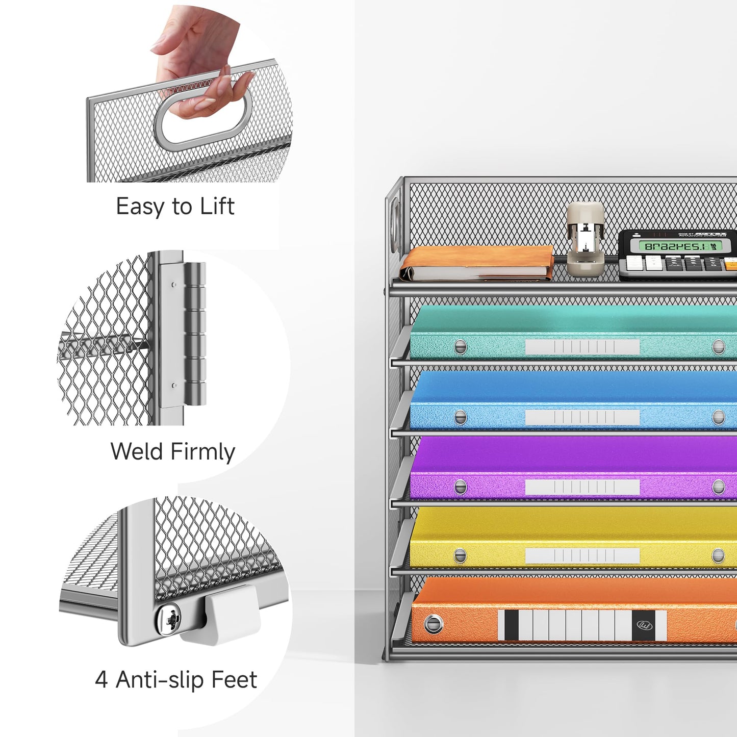 6 Tray Paper Organizer Letter Tray with Handle - Mesh Desk File Folder Holder, Paper Sorter for Office, Home or School - Silver