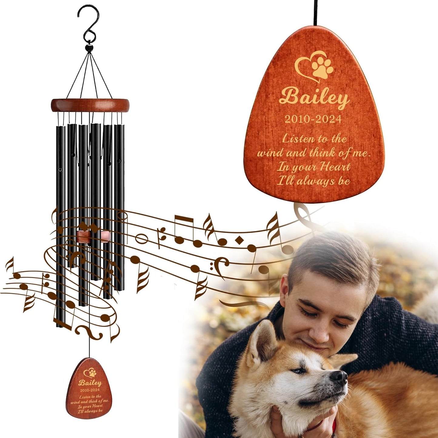 Skiennix Personalized Dog Memorial Wind Chimes - 25.5'' Pet Sympathy Gift in Silver for Dog Loss