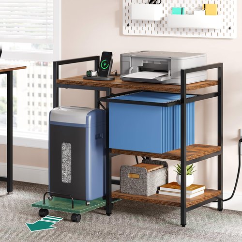 YITAHOME Printer Stand with Storage, 3 Tier Office Printer Desk Stand, Printer Stand for Home Office, File Cabinet with Charging Station, Brown