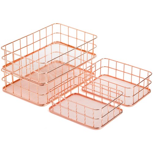 Hacaroa 4 Pack Rose Gold Wire Mesh Basket, Metal Desk Drawer Organizer Desktop Holder Tray for Cosmetic, Stationery, Magazines, Fruit Snacks, Home, School, Office, 2 Size