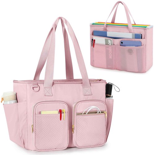 Prokva Work Tote Bag with File Organizer Box, Office Documents Storage Bag Fits for Legal Size Hanging Files Folders, Pink (Patent Design)