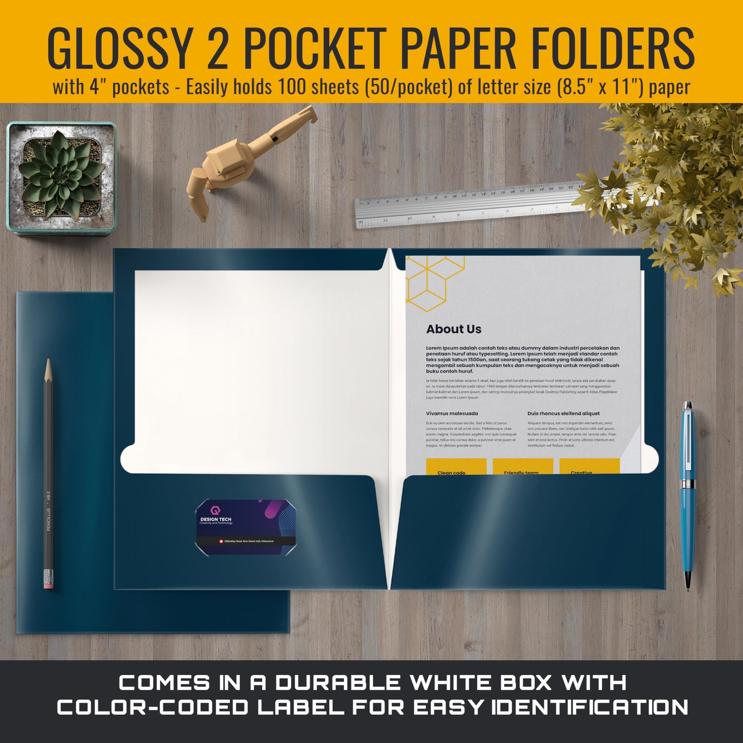 Better Office Products 2 Pocket Glossy Laminated Navy Blue Paper Folders, Box of 25, Letter Size, Dark Blue Paper Portfolios 25 Pack