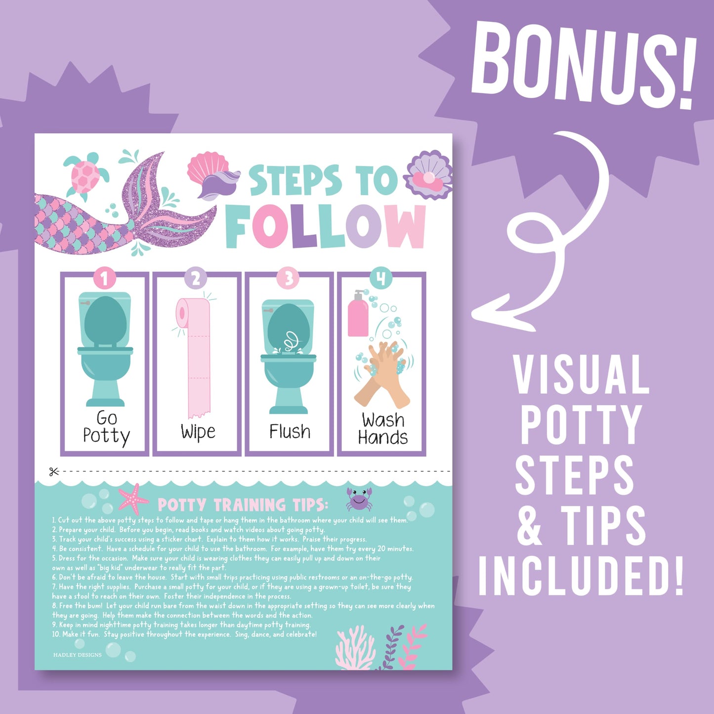 Hadley Designs Potty Training Chart for Toddlers Girls -10 Sticker Potty Chart for Toddlers Girls, 8.5x11" Potty Training Sticker Charts for Toilet Success, Mermaid Toddler Reward Chart for Kids