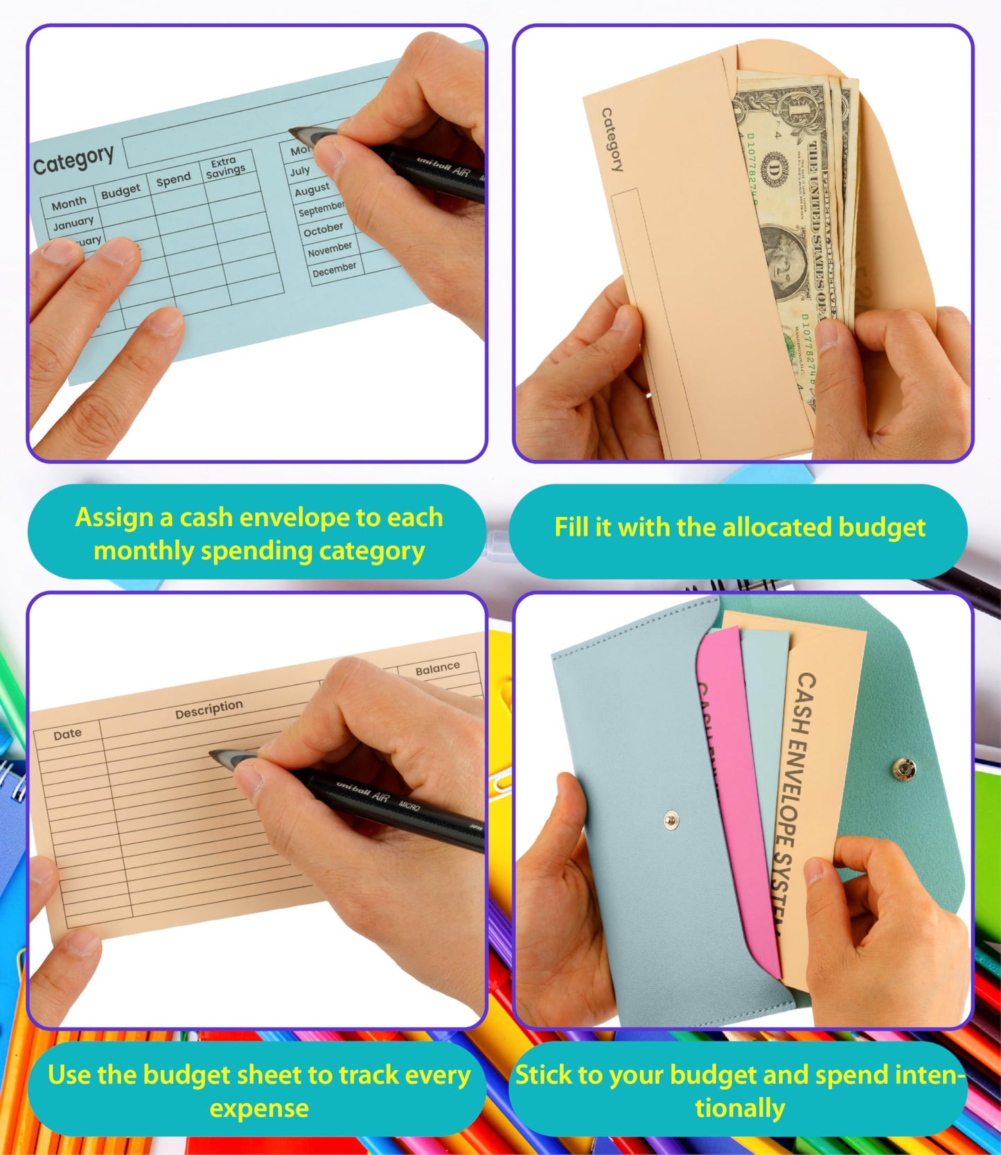 48 Pack Budget Sheets, 24 Pack Cardstock Envelopes, 7.0 x 3.5'' Cash Envelopes, 200gsm Thick, Budgeting System Includes PU Leather Pouch, 2 Year Supply Money Stuffing Organizer, Expense Tracker
