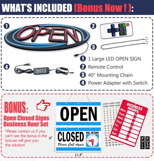 Open Signs for Business,32x16 inch Large Bright Open Sign Neon Led Lighted,Remote Control & Flashing Mode for Window Door Bar Coffee Salon Store,ON/OFF Switch Blue/Red