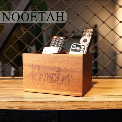 Remote Control Holder, Wooden TV Remote Holder for Table, Remote Organizer Caddy for Home Decor, Remote Box for Nightstand, Brown Labeled "Remote", 2 Slot - 7.3 Inch