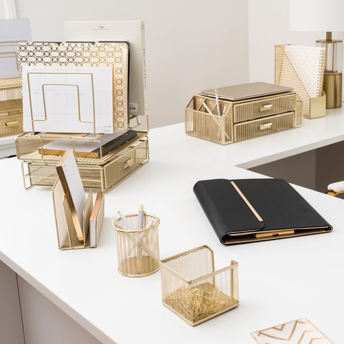 BLU MONACO Gold Desk Organizer, Gold Desk Accessories Set for Women, Includes Detachable File Organizer, Stackable Paper Tray & Drawer, Office Supplies for Desk