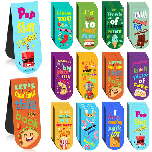 48 Pack Scented Bookmarks Magnetic Scratch and Sniff Fruit Food Bookmarks for Kids Cute Page Markers with Sayings for Kids Students Teens Teachers (Food Flavor)