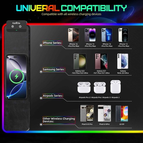 Mouse Pad with Wireless Charging, RGB Gaming Mousepad, Large Desk Mat with Ultra-Smooth Surface, Non-Slip Mouse Mat, Waterproof Computer Keyboard Pad with 18W QC Power Adapter, 800x400x4MM, Black