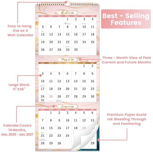 2026 Wall Calendar - 3 Month Calendar 2026, Dec. 2025 - Jan. 2027, 11" x 26", 14 Months Calendar (Vertical), Large, Lay- Flat Design
