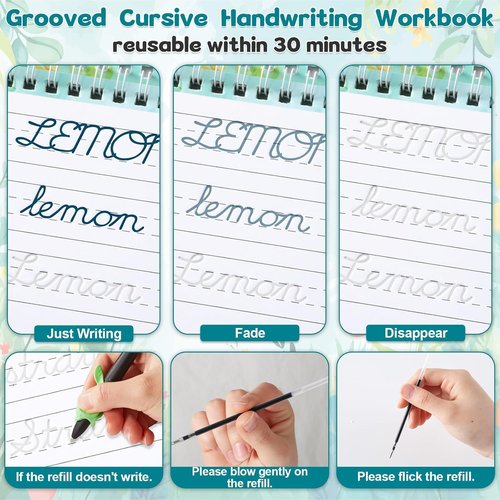 Gisgfim Grooved Cursive Handwriting Workbook - Reusable Guided Tracing for Kids | Includes Disappearing Ink Pens