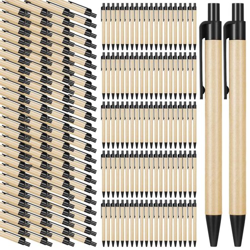 Sabary 200 Pack Black Retractable Eco Friendly Recycled Kraft Paper Pens - Medium Point Bulk Office Writing Journaling Supplies