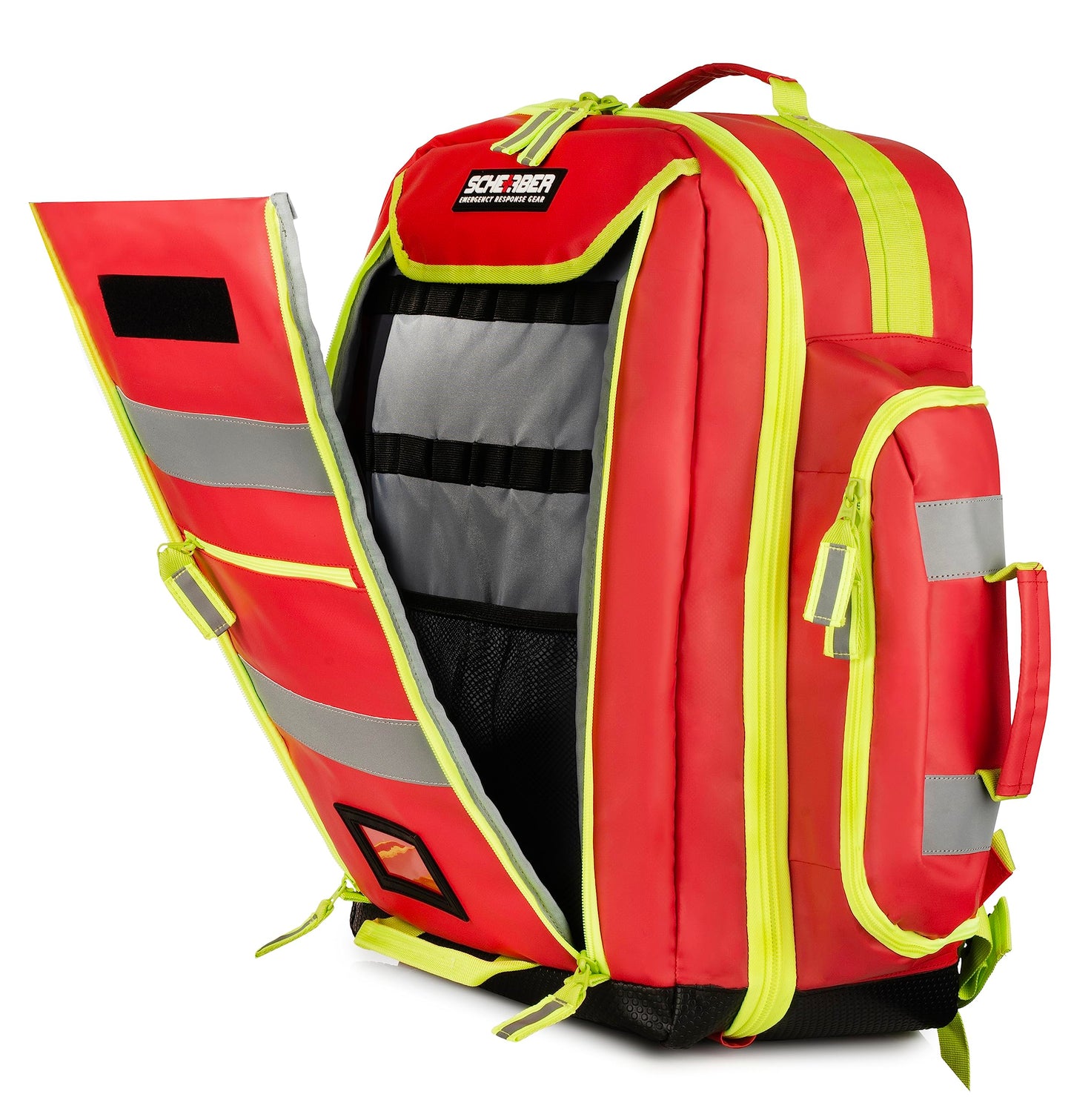 Scherber Fully-Stocked Premium First Responder Backpack | EMT/EMS Medic Trauma & Oxygen Medical Professional Kit | Bag w/ 4 Color-Coded Removable Pouches, O2 Storage, & 250+ First Aid Supplies - Red