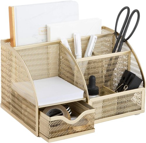 BLU MONACO | Gold Desk Organizer - Stylish Metal Caddy with Drawer & Six Compartments for Office Supplies