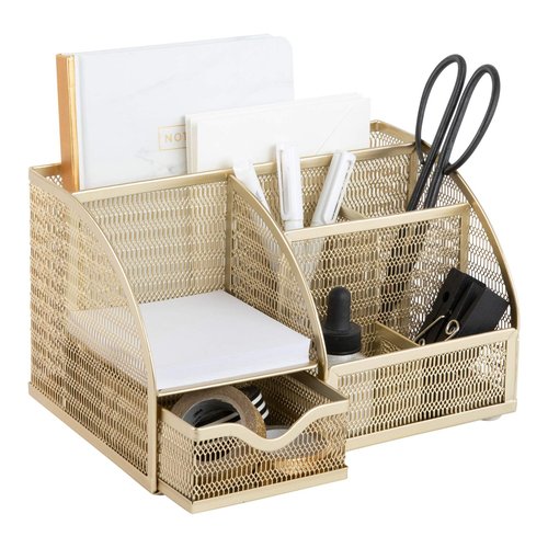 BLU MONACO Gold Desk Organizer with Drawer – Small Desk Caddy & Accessories, Pencil Holder for Office Supplies & Accessories
