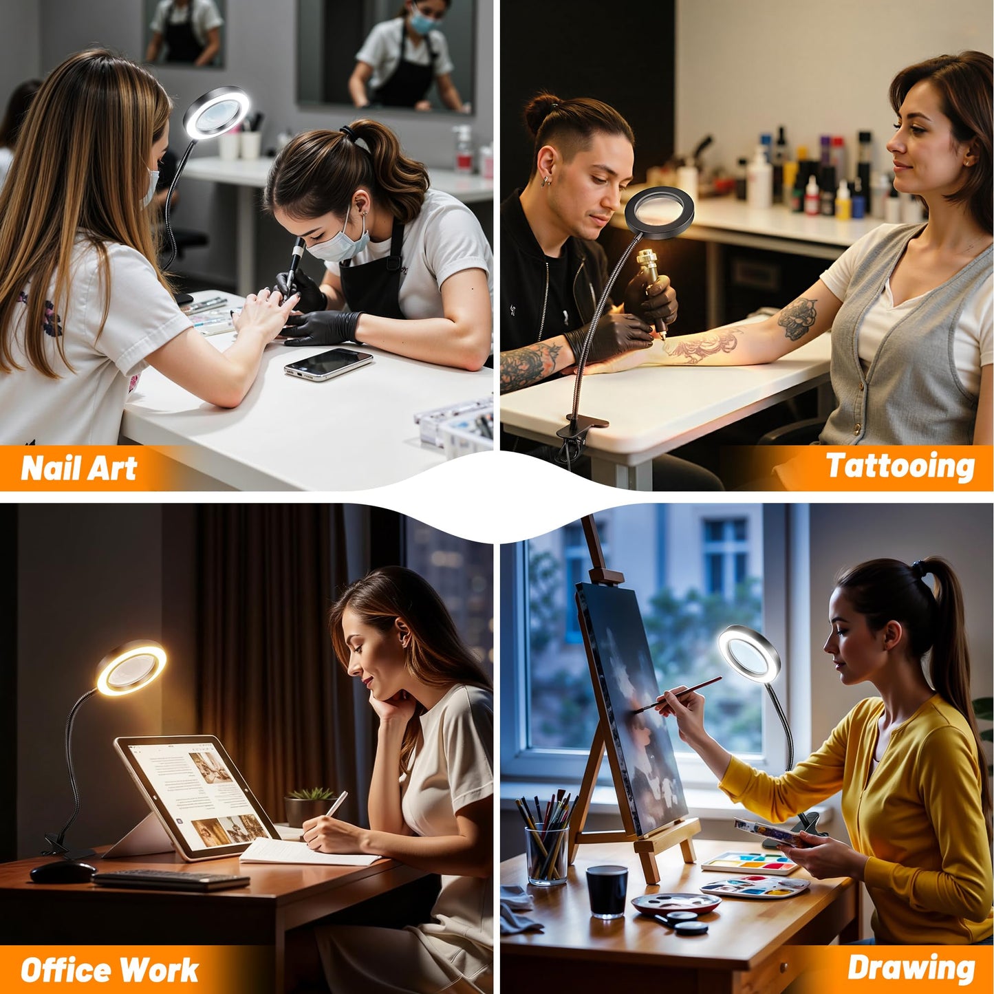 Akynite 10X Magnifying Glass with Light, 2 in 1 Magnifying Desk Lamp Clip on Mganifier with Light, 3 Color Modes 10 Brightness Levels, 58 LED Clip on Reading Lamp for Bed Crafts DIY Repair,No Adapter