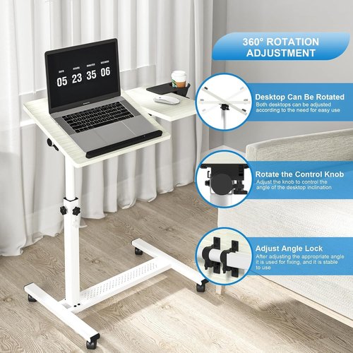 Panta Height Adjustable Rolling Laptop Stand, Overbed Table with 2 Tilting Desktops, Mobile Laptop Table for Couch with Cup Holder, Mobile Computer Workstation for Office, Home and Hospital,Maple