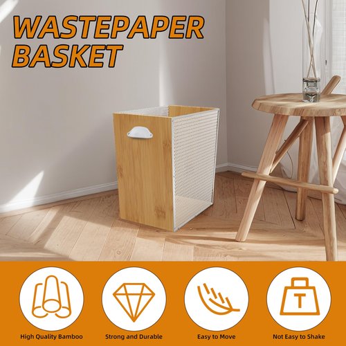 Fozxsvg 4 Gallon Bamboo-Wooden Trash Can - Rustic Office Waste Paper Basket - Decorative Garbage Bin for Bedroom, Bathroom, Kitchen, Living Room