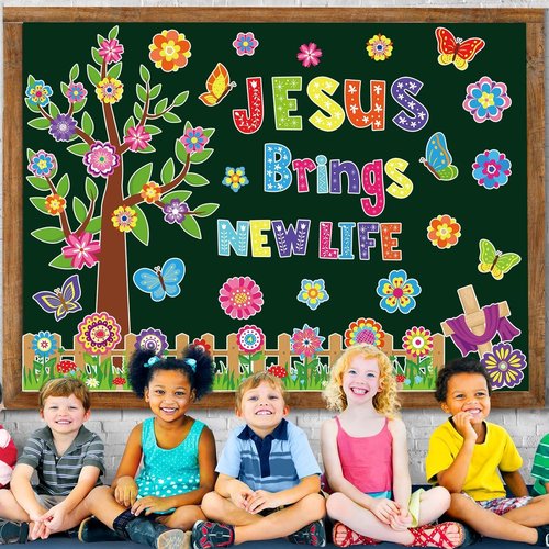 Gisgfim Christian Spring Bulletin Board Decoration Set - Religious Flower Tree Cutouts for Easter | Classroom & Home Wall Decor