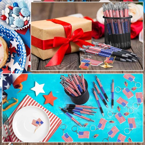 Qilery 400 Pcs Veterans Day Style American Flag Lapel Pins Ballpoint Pen Independence Day Flag Keychains Thank You Card Organza Gift Bag for Home Office 4th of July Party Supplies