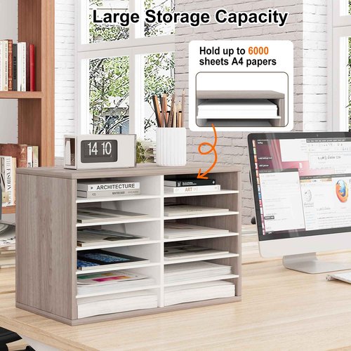Alpeir Literature Organizer 12 Slots Wooden Mailboxes for Classroom Office Mail Organizer Countertop Vertical File Sorter with Adjustable Shelves Heavy Duty Office Mailbox Cubbies, Retro Grey/White