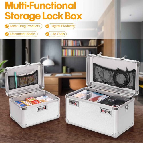 Vilcjson Combination Lock Box - 13.4x7.5x8.3 Inch Large - Security Lock Boxes for Medicine, Locking Storage Box for Personal Items Passports and Documents, Lockable Lockbox for Office Business, Silver