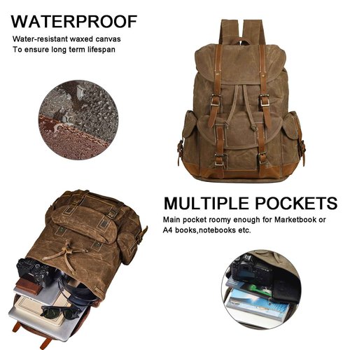 BRASS TACKS Leathercraft Backpack for Men Heavy Duty Waxed Canvas Vintage Women Trim Casual 15.6" laptop Travel Backpack-Brown