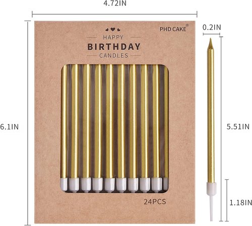 PHD CAKE Gold Metallic Birthday Candles - Long Thin Design for Parties & Weddings | Elegant Cake Decor