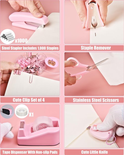 Pink Desk Accessories, 24Pcs Pink Office Supplies and Desk Organizers, with Tape Dispenser, Stapler, Staple Remover, Ect, Fill Your Desktop with Lovely Pastel Colors, Back to School