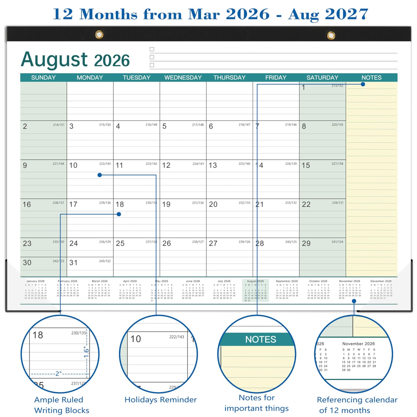 Desk Calendar 2026-2027 - 17" x 12" Desk Calendar 2026-2027, Mar. 2026 - Aug. 2027, Desk Pad Calendar, Desk/Wall Calendar 2-in-1 with Notes, Corner Protector, Blocks