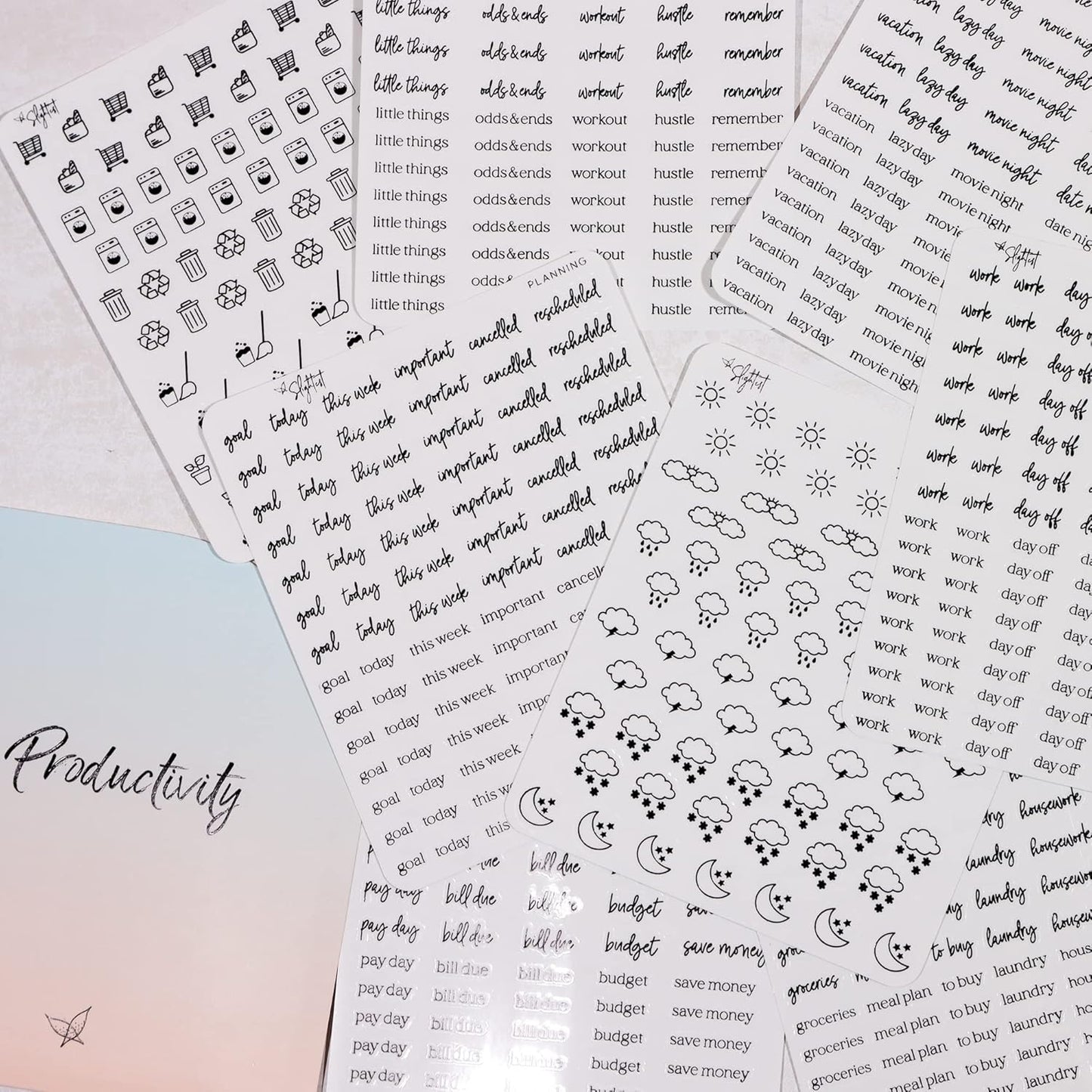 Clear Black Foil Planner Stickers - Functional Icons & Words for Easy Organization | Over 600 Stickers Included