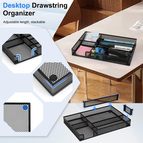 Desk Drawer Organizer Tray, with 2 Adjustable Compartments, Metal Mesh Drawer Organizer, Multifunction Desktop Drawer Organizer Organizer Set for Office, Home and School Supplies, 2PCS