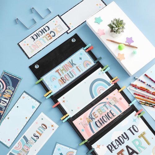 67 Pcs Student Behavior Clip Chart for Classroom Management Blue Boho Track Reward Incentive Behavior Pocket Chart Kids Boho Bulletin Board Hanging Tool for Teacher Office Elementary School Supplies