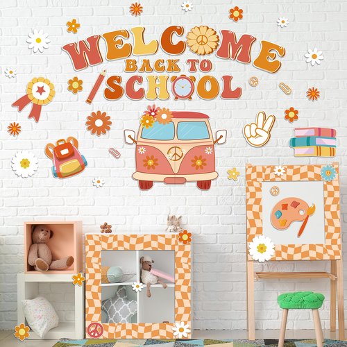 Aneco Retro Boho Welcome Back to School Bulletin Board Decorations Groovy Classroom Decoration Cutouts Motivational Pencil Bus Schoolbag Paper Cutouts for Kindergarten Preschool Wall Door Decor