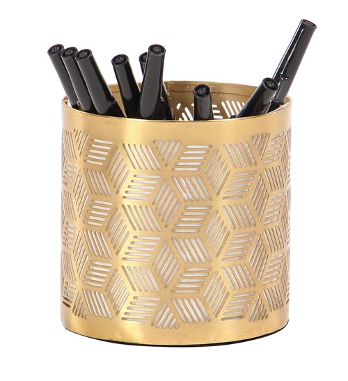 Deco 79 Metal Geometric Pencil Cup with Laser Carved Design, 4" x 4" x 4", Gold