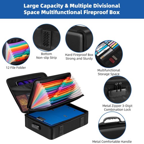 Fireproof Document Box with Lock, Durable Hard Case File Organizer Fire Safe Box, Hard-Shell Design Waterproof Fireproof Safe Important Document Organizer Safe File Box For Home Documents