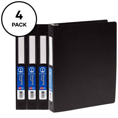 Avery Hanging Storage Flexible 3 Ring Binders, 1" Round Rings, 175-Sheet Capacity, Black, 4 Pack (17708)