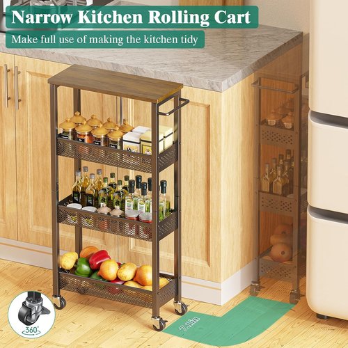 Giwil Slim Rolling Storage Cart - 4-Tier Bathroom Organizer with Wood Top & Handle | Black
