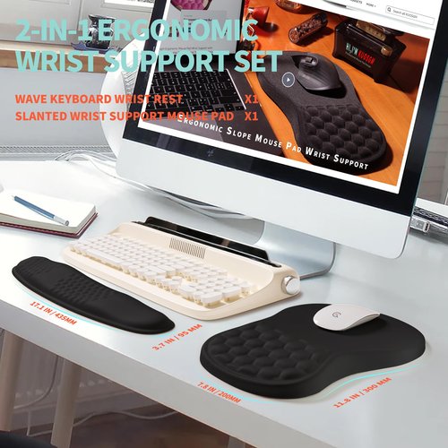 KUOSGM 2-in-1 Ergonomic Set, Wave Rise Keyboard Wrist Rest and Massage Bulge Slope Mouse Pad Wrist Support, Cushion Memory Foam Integrated to Relieve Wrist Pain, Black