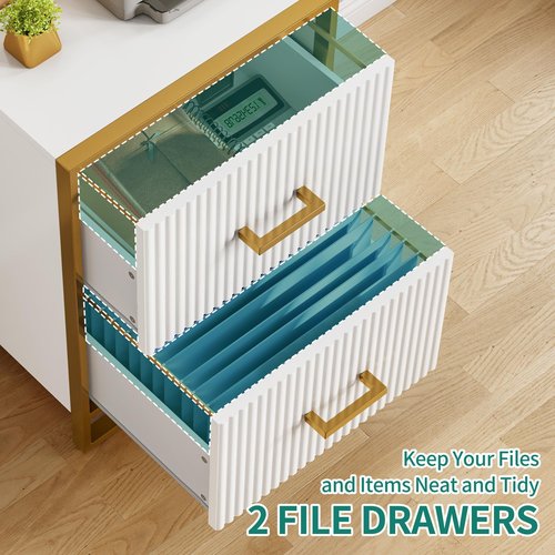 YITAHOME 2 Drawer File Cabinet, Lateral Filing Cabinet for Home Office, White and Gold
