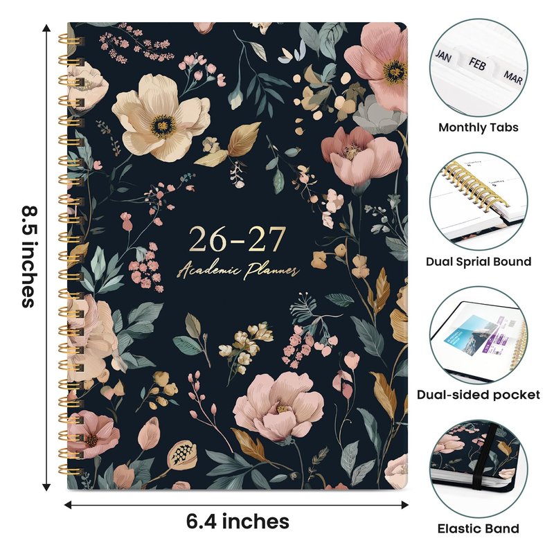 Academic Planner 2026-2027, Weekly and Monthly Calendar Book, July 2026 – June 2027, Hardcover Planner with Tabs, Perfect for Teachers, Students, Women & Men, A5 (6.4" x 8.5") - Evening Petals