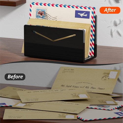 FUCDTEFC Acrylic Mail Holder - Stylish Black Vertical Letter Organizer for Desk | Lightweight Bill Sorter for Home & Office