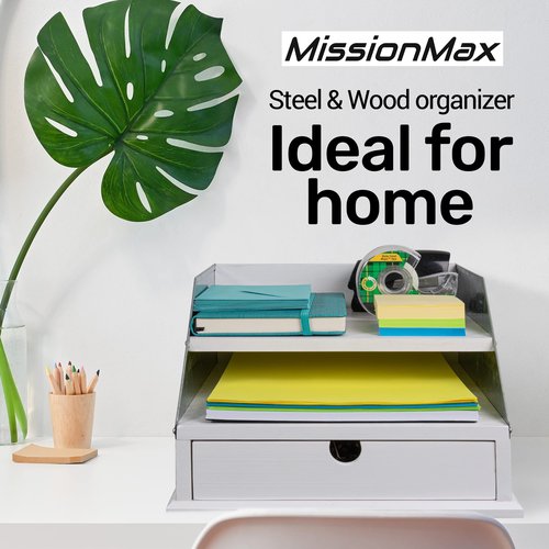 MissionMax White Country Steel Farmhouse Rustic Desktop Organizer with Two Shelves for Paper, Mail, Files, Magazines and a Drawer for Supply Storage