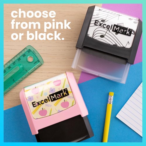 ExcelMark Personalized Teacher Stamps for Classroom - Custom Stamps for Grading - Puns of Praise with 12 Stylish Mount Patterns (Pink Mount, Bee-autiful Work)