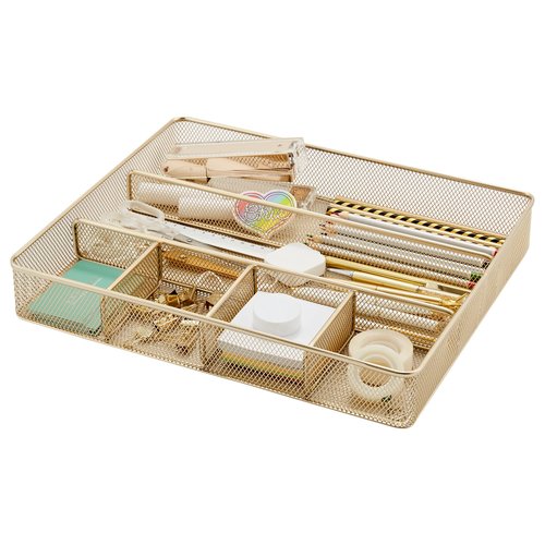 Annova Desk Top Organizer Tray for Office Organization - Metal Mesh - Storage Tray with Dividers for Pens, Desktop Accessories, Bathroom, Kitchen, Makeup and Office Supplies (Large, Gold)