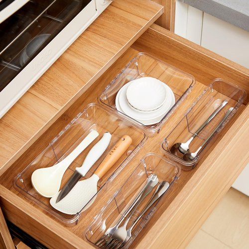 Briwooody 25 Pcs Extendable Clear Drawer Organizer, 3 Size Adjustable Desk Drawer Organizer Acrylic Storage Bins for Makeup, Jewelry Gadgets for Kitchen, Bedroom, Bathroom, Office