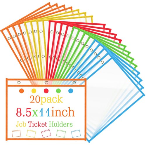 Resurhang 20 Pcs Dry Erase Sleeve Job Ticket Holders 9.9 x 12.5in Reusable Fit for 8.5 x 11 Inch Tickets 3 Rings Plastic Sleeves Landscape Shop Holders for Classroom Office Document(Colorful)