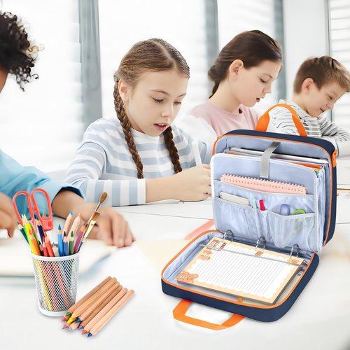 Yarwo Zipper Binder Bag for Boys and Girls, 3 Ring Binder Holds 500 Sheets, Accordion File Organizer with 5 Expanding File Folder Fit for 13” Laptop, Learning Tablet and Stationery, Navy