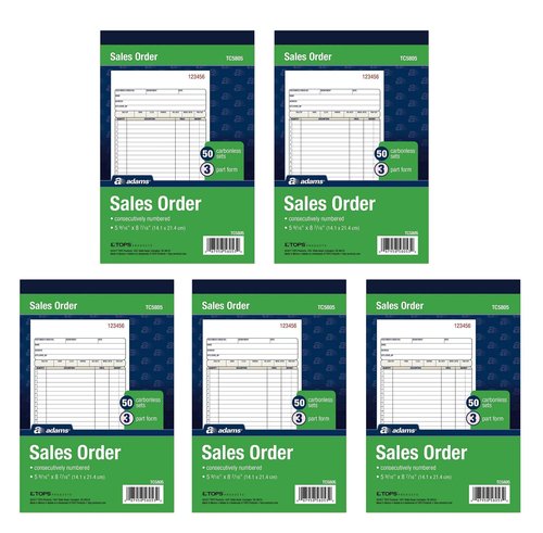 Adams Sales Order Book, 3-Part, Carbonless, White/Canary/Pink, 5-9/16" x 8-7/16", Bound Wraparound Cover, 50 Sets per Book, 5 Books, 250 Sets Total (TC5805)